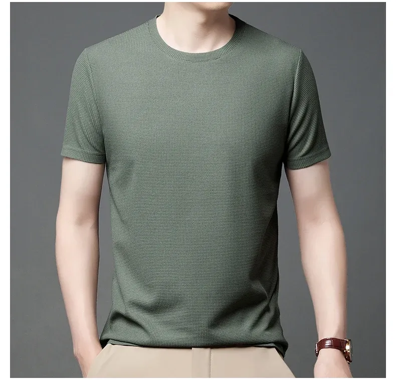Men's Summer Waffle Knit Round Neck Short Sleeve T-Shirt - Breathable Casual Top for Daily Wear showcase 21
