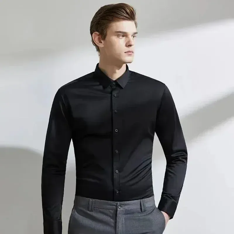 Men's Long-Sleeve Business Dress Shirt - Non-Iron Elastic Fabric, Stand-Up Collar, Professional Work Attire for Men (55-105KG) showcase 5