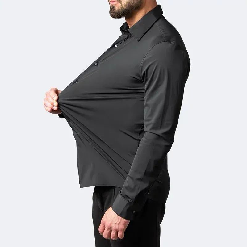 Men's Long-Sleeve Business Dress Shirt - Non-Iron Elastic Fabric, Stand-Up Collar, Professional Work Attire for Men (55-105KG) thumbnail 3