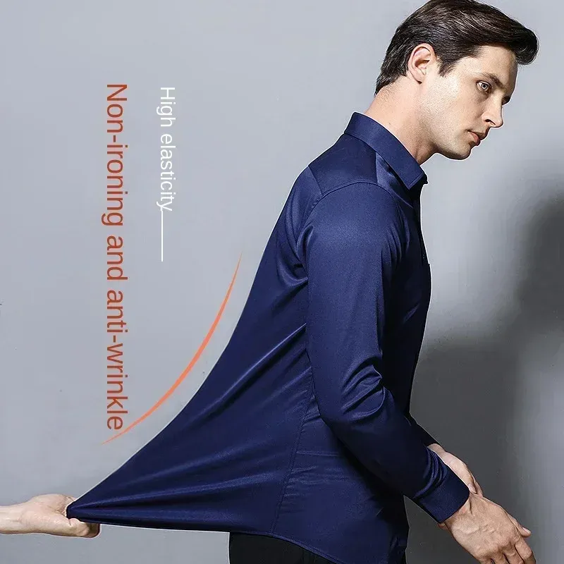 Men's Long-Sleeve Business Dress Shirt - Non-Iron Elastic Fabric, Stand-Up Collar, Professional Work Attire for Men (55-105KG) thumbnail 2