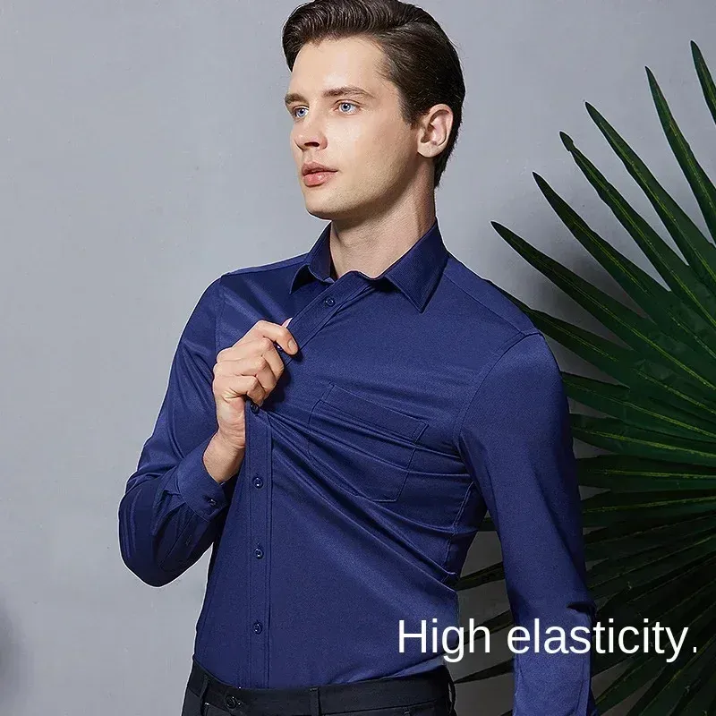 Men's Long-Sleeve Business Dress Shirt - Non-Iron Elastic Fabric, Stand-Up Collar, Professional Work Attire for Men (55-105KG) showcase 7