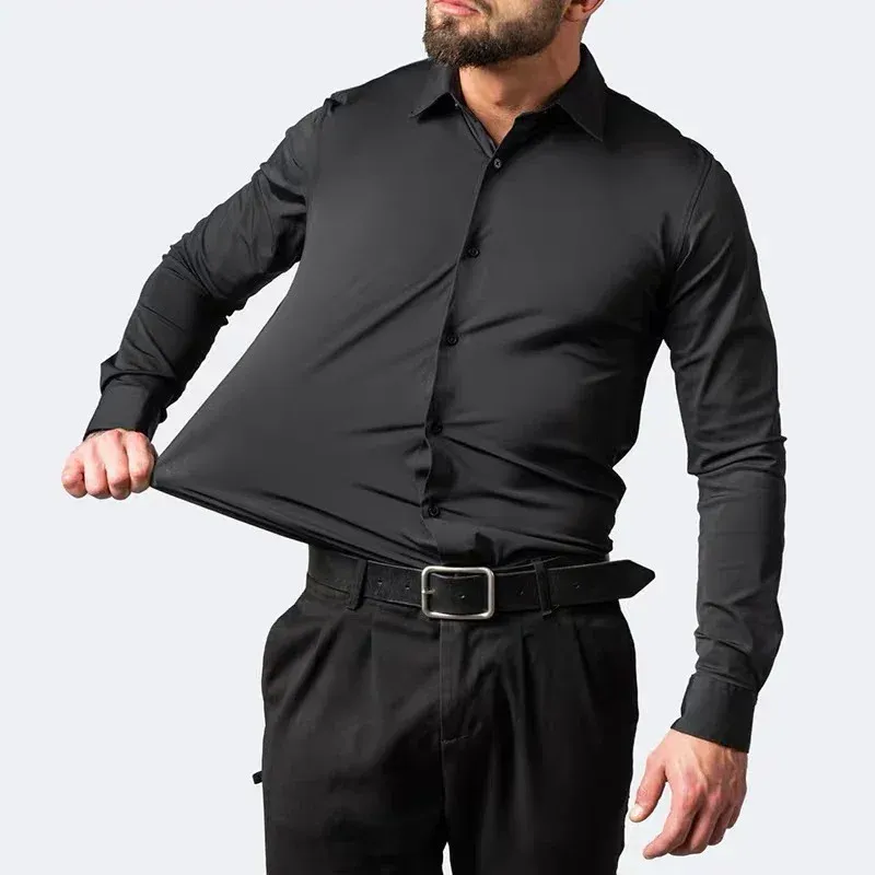 Men's Long-Sleeve Business Dress Shirt - Non-Iron Elastic Fabric, Stand-Up Collar, Professional Work Attire for Men (55-105KG) thumbnail 1