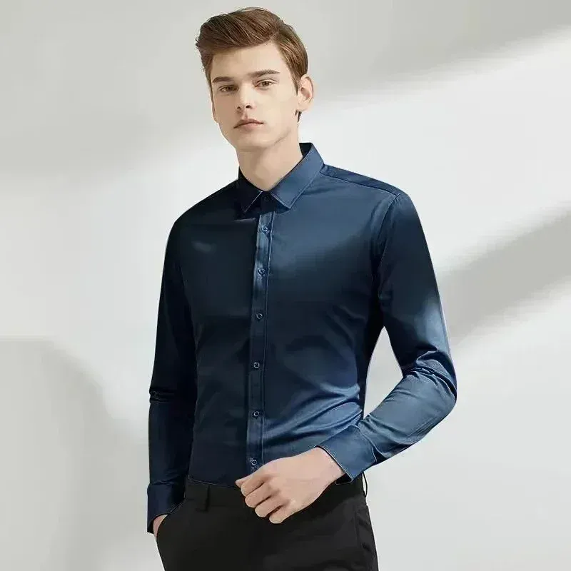Men's Long-Sleeve Business Dress Shirt - Non-Iron Elastic Fabric, Stand-Up Collar, Professional Work Attire for Men (55-105KG) showcase 3