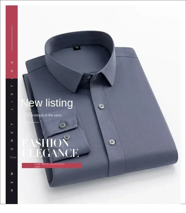 Men's Long-Sleeve Business Dress Shirt - Non-Iron Elastic Fabric, Stand-Up Collar, Professional Work Attire for Men (55-105KG) showcase 9