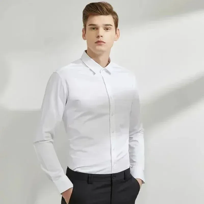 Men's Long-Sleeve Business Dress Shirt - Non-Iron Elastic Fabric, Stand-Up Collar, Professional Work Attire for Men (55-105KG) showcase 4
