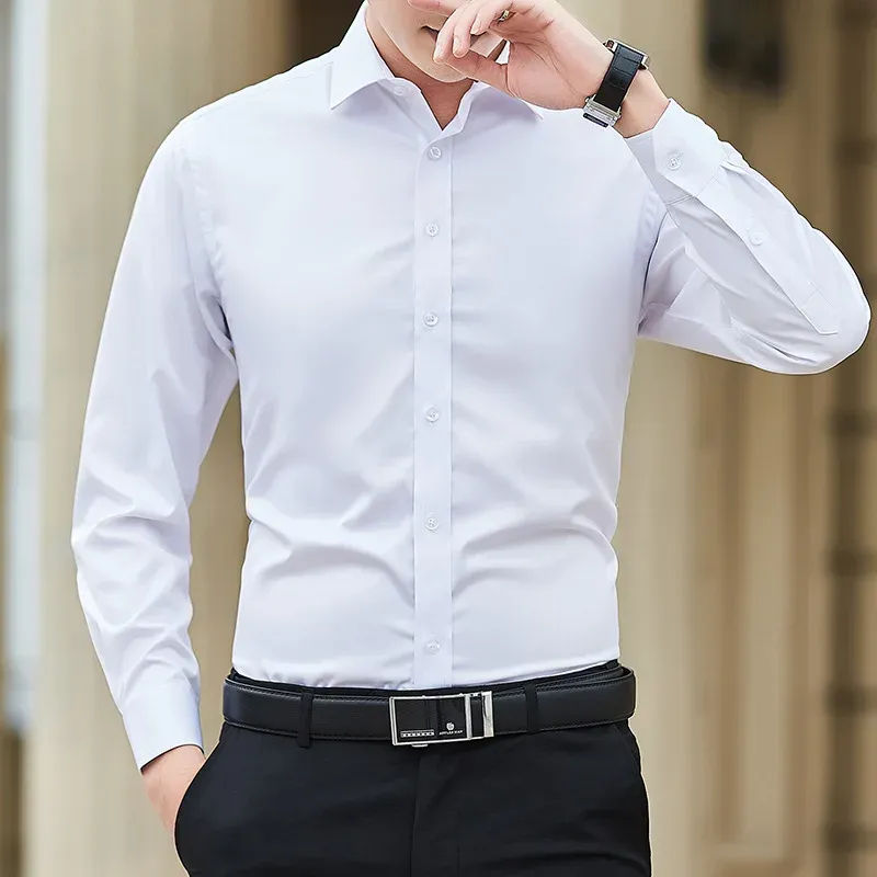 Plus Size Men's Solid Color Business Casual Slim Fit Long Sleeve Shirt - Classic White Cotton Blend for Everyday & Business thumbnail 1