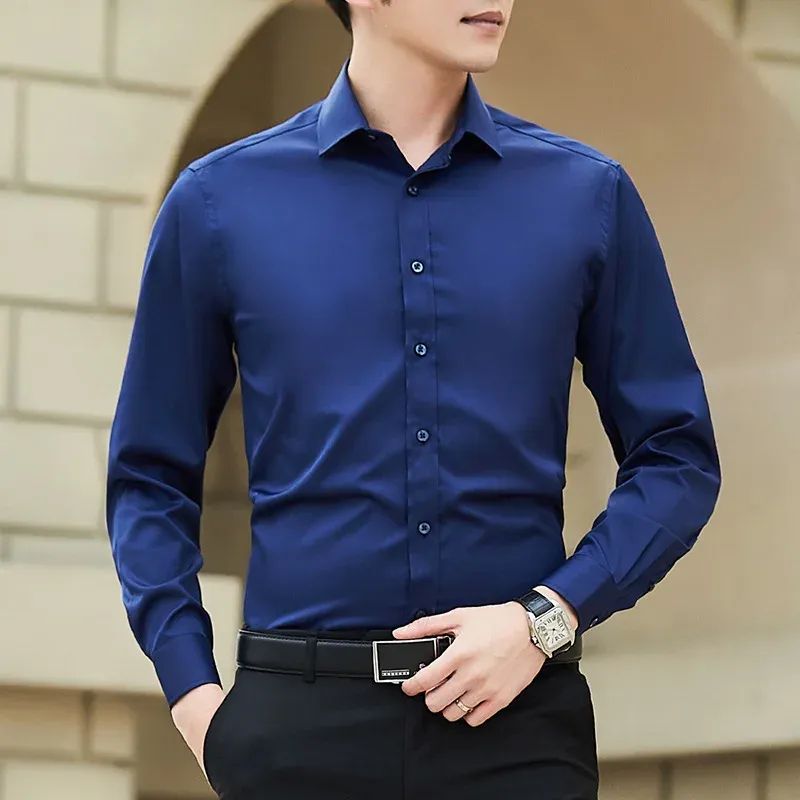 Plus Size Men's Solid Color Business Casual Slim Fit Long Sleeve Shirt - Classic White Cotton Blend for Everyday & Business thumbnail 2