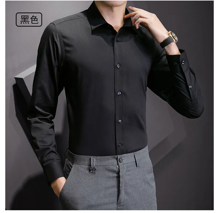 Plus Size Men's Solid Color Business Casual Slim Fit Long Sleeve Shirt - Classic White Cotton Blend for Everyday & Business showcase 8