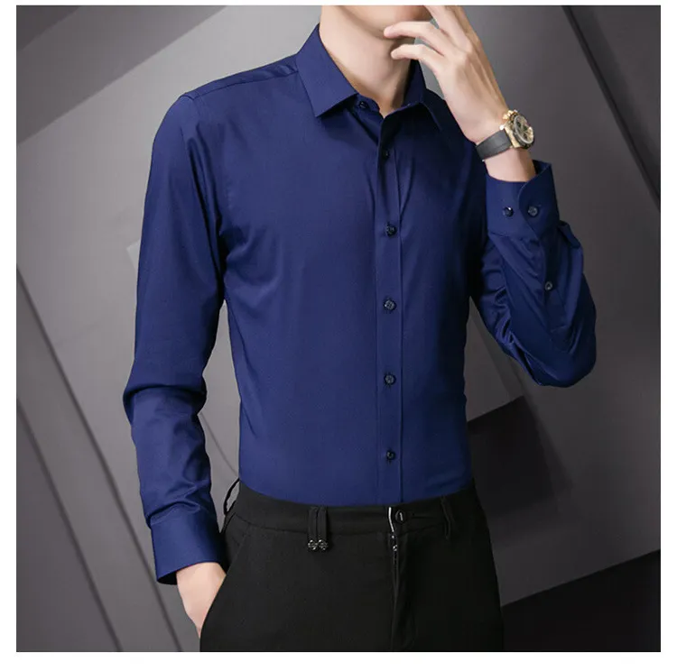 Plus Size Men's Solid Color Business Casual Slim Fit Long Sleeve Shirt - Classic White Cotton Blend for Everyday & Business showcase 16