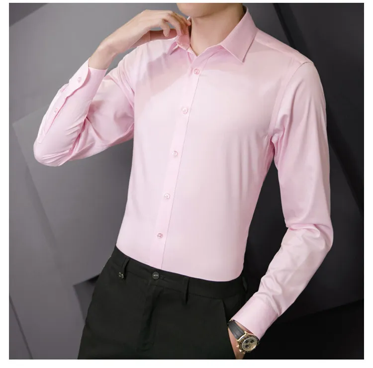 Plus Size Men's Solid Color Business Casual Slim Fit Long Sleeve Shirt - Classic White Cotton Blend for Everyday & Business showcase 13