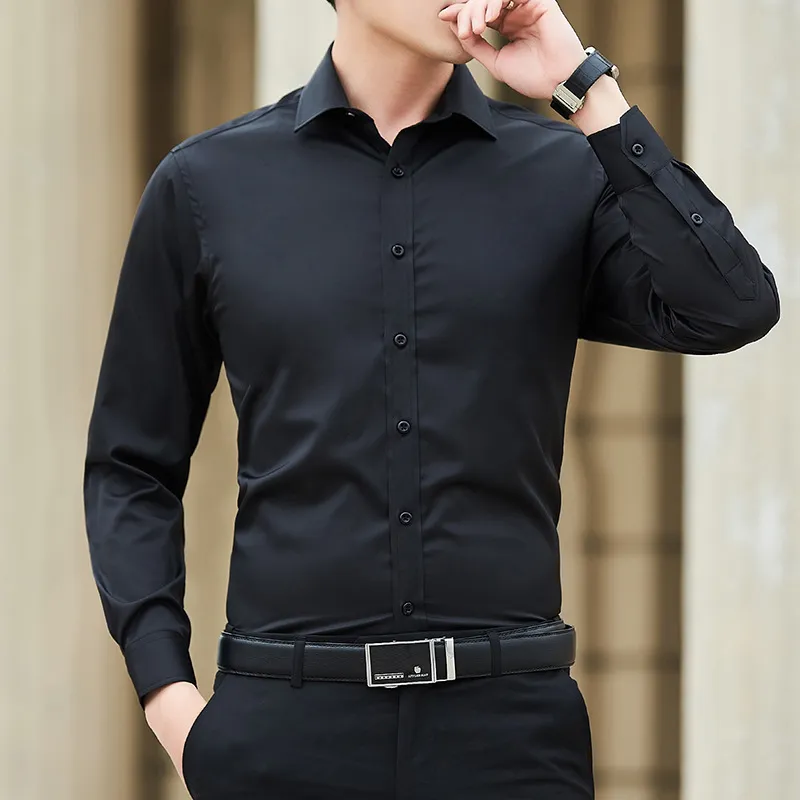 Plus Size Men's Solid Color Business Casual Slim Fit Long Sleeve Shirt - Classic White Cotton Blend for Everyday & Business showcase 3