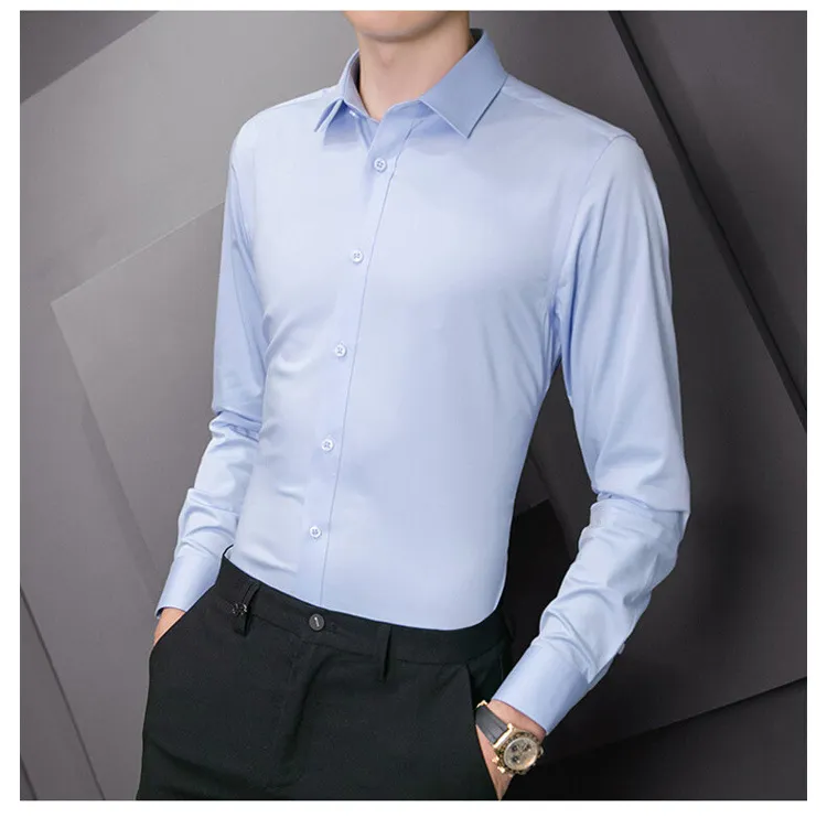 Plus Size Men's Solid Color Business Casual Slim Fit Long Sleeve Shirt - Classic White Cotton Blend for Everyday & Business showcase 19