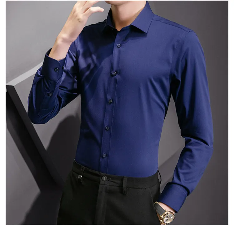 Plus Size Men's Solid Color Business Casual Slim Fit Long Sleeve Shirt - Classic White Cotton Blend for Everyday & Business showcase 15