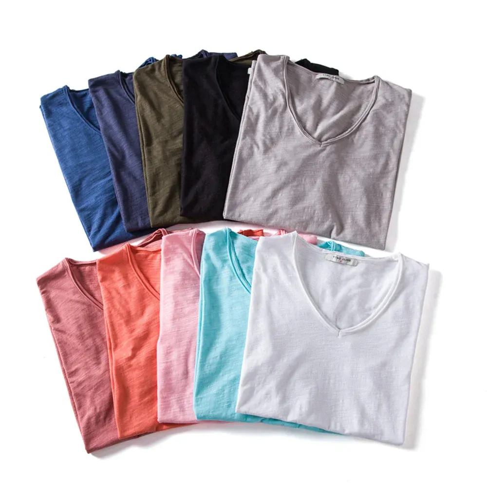 AIOPESON Men's 100% Cotton V-Neck T-Shirt - Fashion Slim Fit Solid Short Sleeve Tees for Casual Wear thumbnail 3