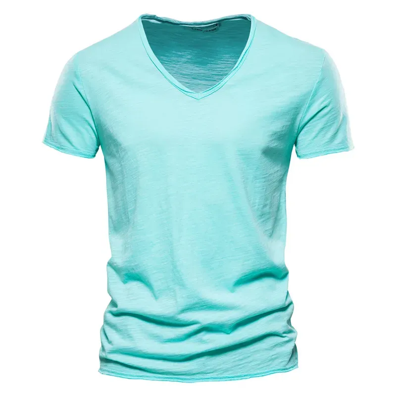 AIOPESON Men's 100% Cotton V-Neck T-Shirt - Fashion Slim Fit Solid Short Sleeve Tees for Casual Wear showcase 8
