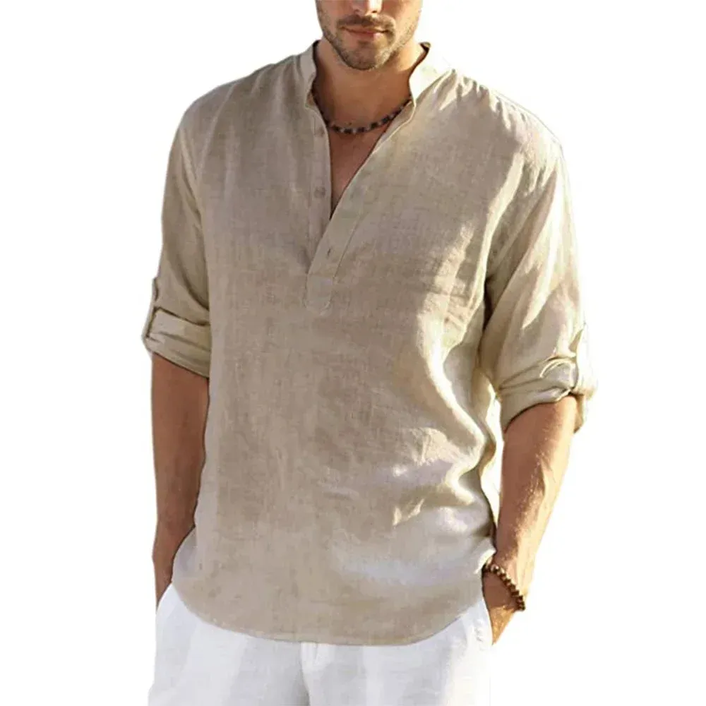 Men's Cotton Linen Casual Shirt Long Sleeve Loose Fit Breathable Blouse for Spring Autumn - Comfortable & Stylish thumbnail 1