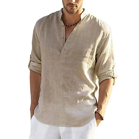 Men's Cotton Linen Casual Shirt Long Sleeve Loose Fit Breathable Blouse for Spring Autumn - Comfortable & Stylish