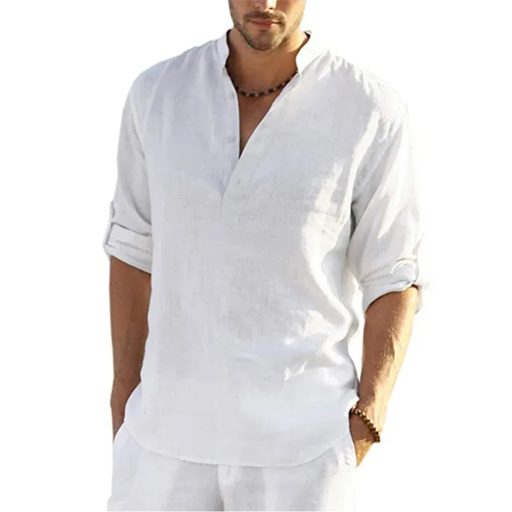 Men's Cotton Linen Casual Shirt Long Sleeve Loose Fit Breathable Blouse for Spring Autumn - Comfortable & Stylish thumbnail 2