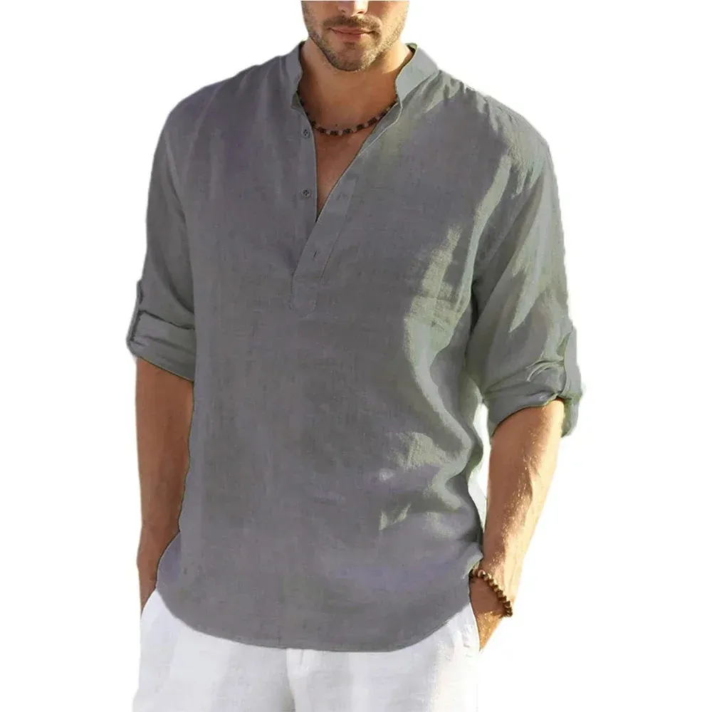 Men's Cotton Linen Casual Shirt Long Sleeve Loose Fit Breathable Blouse for Spring Autumn - Comfortable & Stylish showcase 6