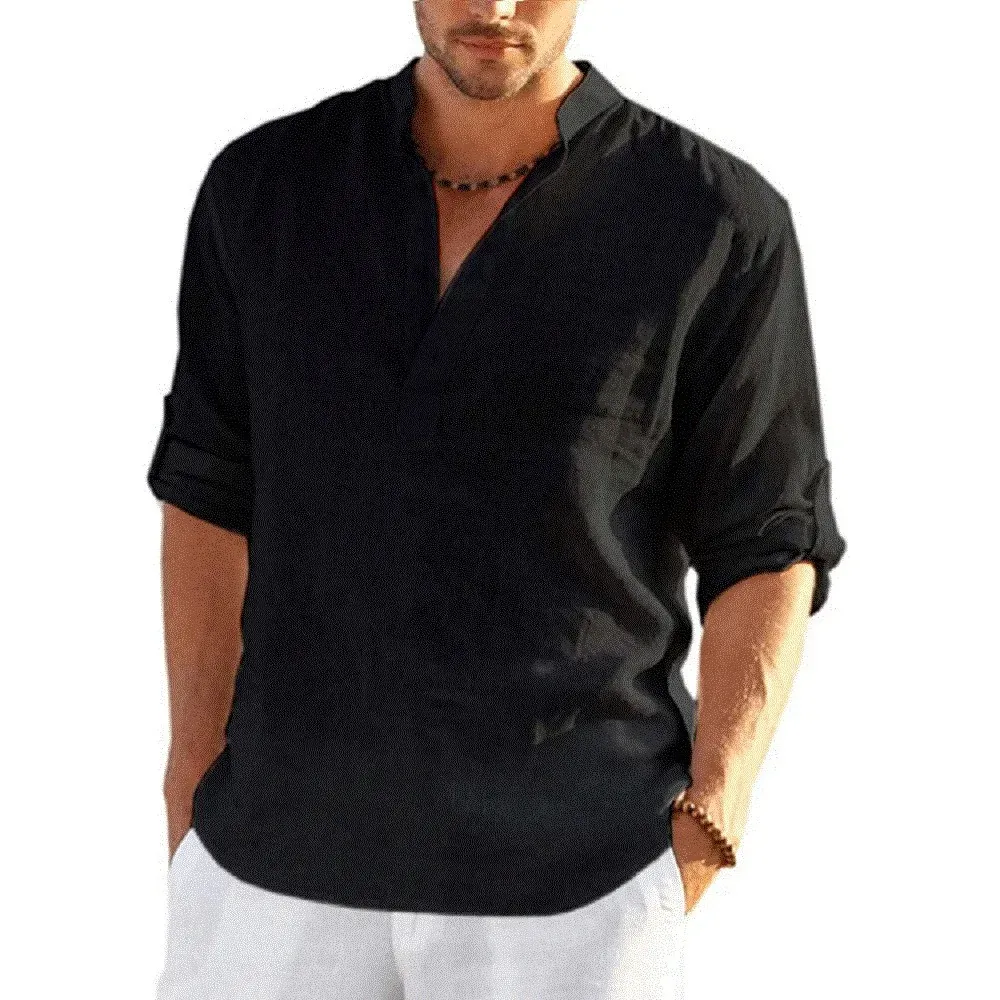 Men's Cotton Linen Casual Shirt Long Sleeve Loose Fit Breathable Blouse for Spring Autumn - Comfortable & Stylish showcase 8
