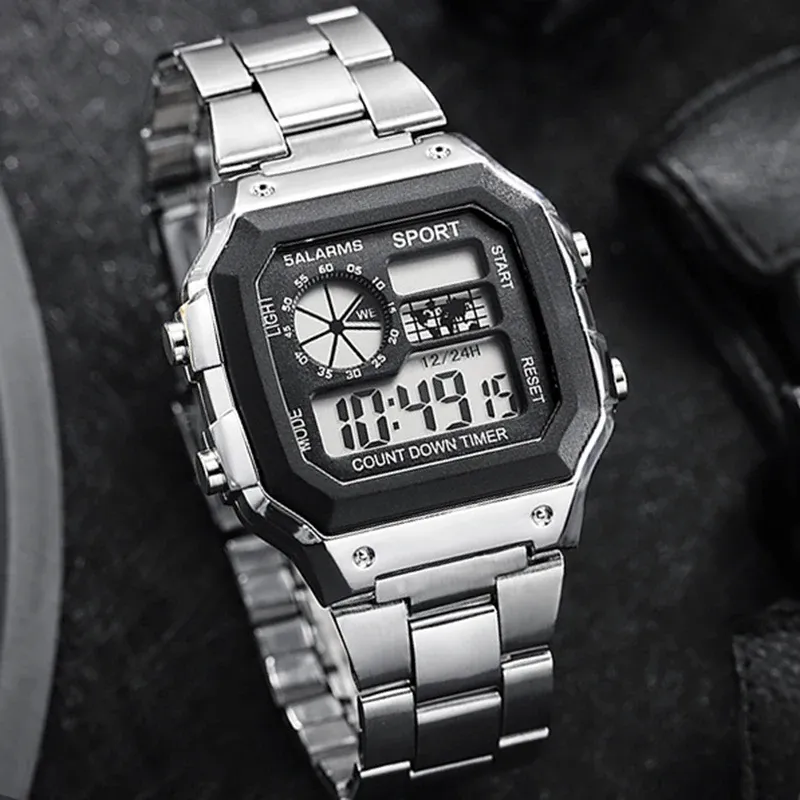 Luxury Men's Digital Sports Watch - Stainless Steel Band, Waterproof, LED Display, Stopwatch, Alarm, Date, Shock Resistant - Ideal for Active Lifestyles thumbnail 2