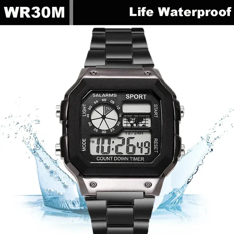 Luxury Men's Digital Sports Watch - Stainless Steel Band, Waterproof, LED Display, Stopwatch, Alarm, Date, Shock Resistant - Ideal for Active Lifestyles thumbnail 6
