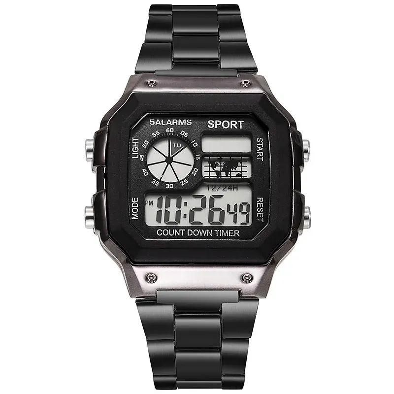 Luxury Men's Digital Sports Watch - Stainless Steel Band, Waterproof, LED Display, Stopwatch, Alarm, Date, Shock Resistant - Ideal for Active Lifestyles thumbnail 3