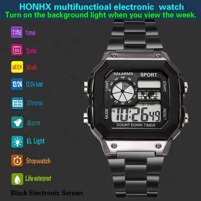 Luxury Men's Digital Sports Watch - Stainless Steel Band, Waterproof, LED Display, Stopwatch, Alarm, Date, Shock Resistant - Ideal for Active Lifestyles showcase 8