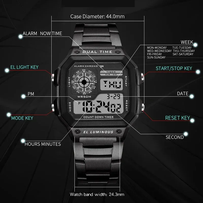 Luxury Men's Digital Sports Watch - Stainless Steel Band, Waterproof, LED Display, Stopwatch, Alarm, Date, Shock Resistant - Ideal for Active Lifestyles showcase 10