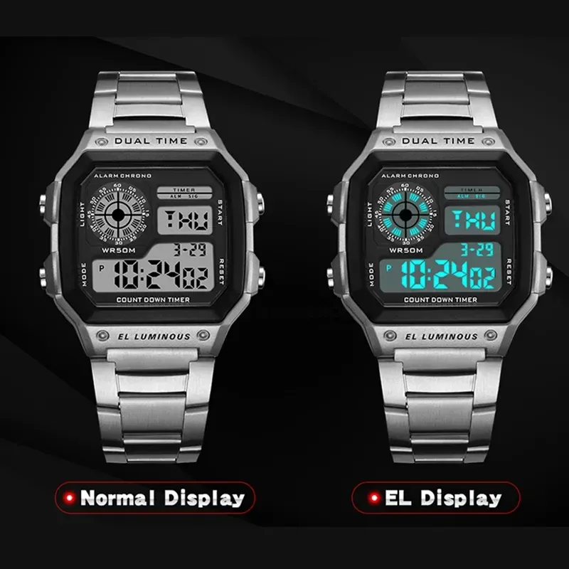 Luxury Men's Digital Sports Watch - Stainless Steel Band, Waterproof, LED Display, Stopwatch, Alarm, Date, Shock Resistant - Ideal for Active Lifestyles showcase 11