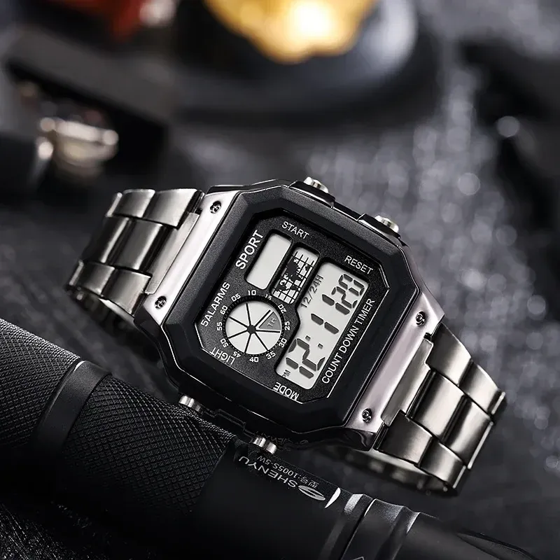 Luxury Men's Digital Sports Watch - Stainless Steel Band, Waterproof, LED Display, Stopwatch, Alarm, Date, Shock Resistant - Ideal for Active Lifestyles showcase 5