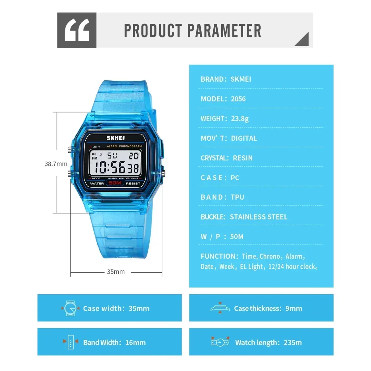 SKMEI 2056 Waterproof Digital Sports Watch for Men & Women - Electronic Countdown, Date Display, Casual & Outdoor Use thumbnail 6