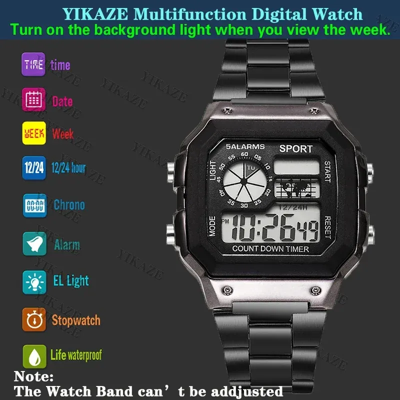 MAYZHISU Men's Luxury Digital Watch - Stainless Steel Sport Band, Waterproof, LED Display, Stopwatch, Alarm, Ideal for Sports & Casual Wear thumbnail 5