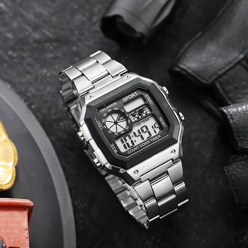 MAYZHISU Men's Luxury Digital Watch - Stainless Steel Sport Band, Waterproof, LED Display, Stopwatch, Alarm, Ideal for Sports & Casual Wear showcase 2