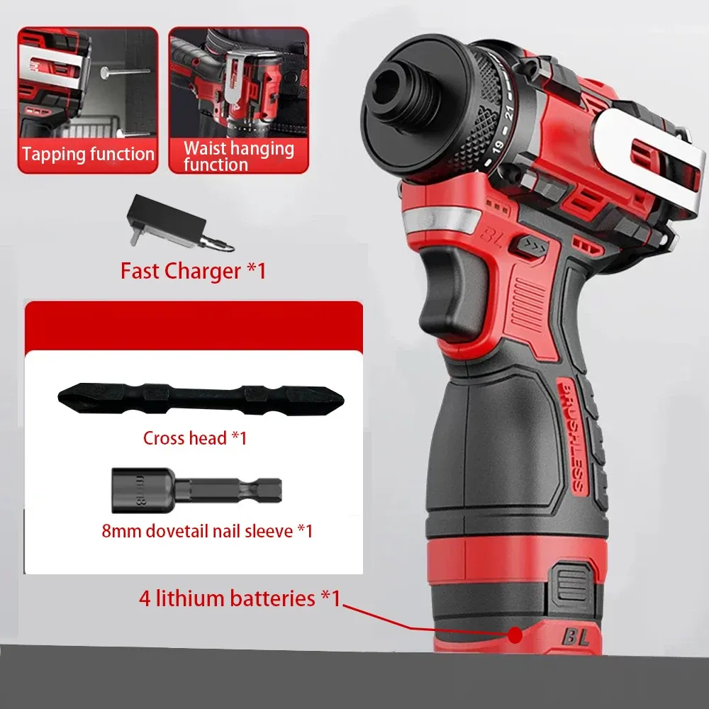 18V Brushless Cordless Electric Drill with 80Nm Torque, Knockable Driver Screwdriver Set with Li-ion Battery, Professional Power Tool for Home and Construction