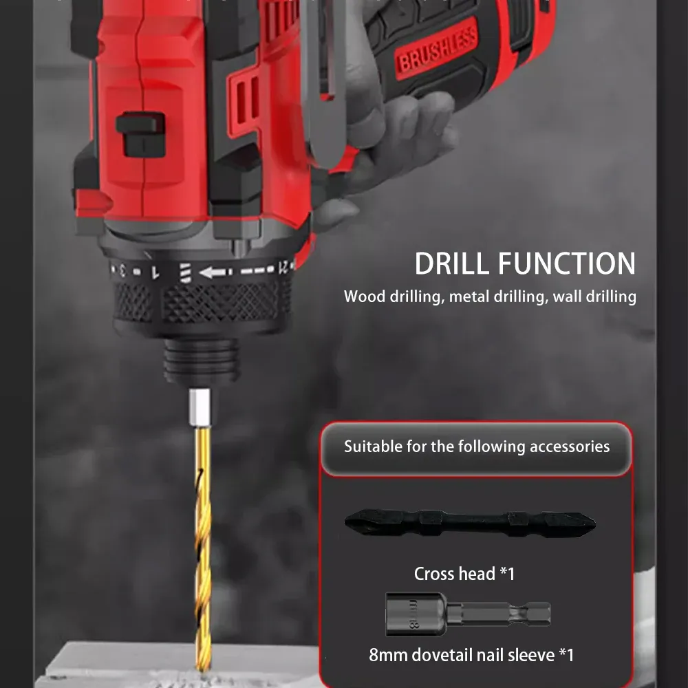 18V Brushless Cordless Electric Drill with 80Nm Torque, Knockable Driver Screwdriver Set with Li-ion Battery, Professional Power Tool for Home and Construction thumbnail 4