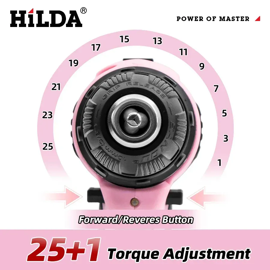 HILDA Pink 12V Cordless Electric Drill - Compact Mini Power Driver with Lithium-Ion Battery, 20N.m Torque, 0-1400rpm Speed, LED Light for Home DIY Projects thumbnail 2