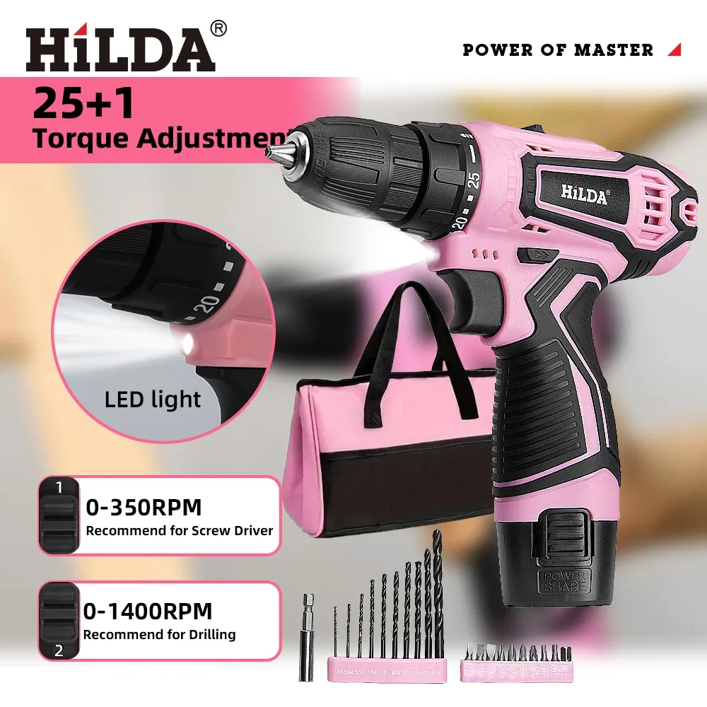 HILDA Pink 12V Cordless Electric Drill - Compact Mini Power Driver with Lithium-Ion Battery, 20N.m Torque, 0-1400rpm Speed, LED Light for Home DIY Projects