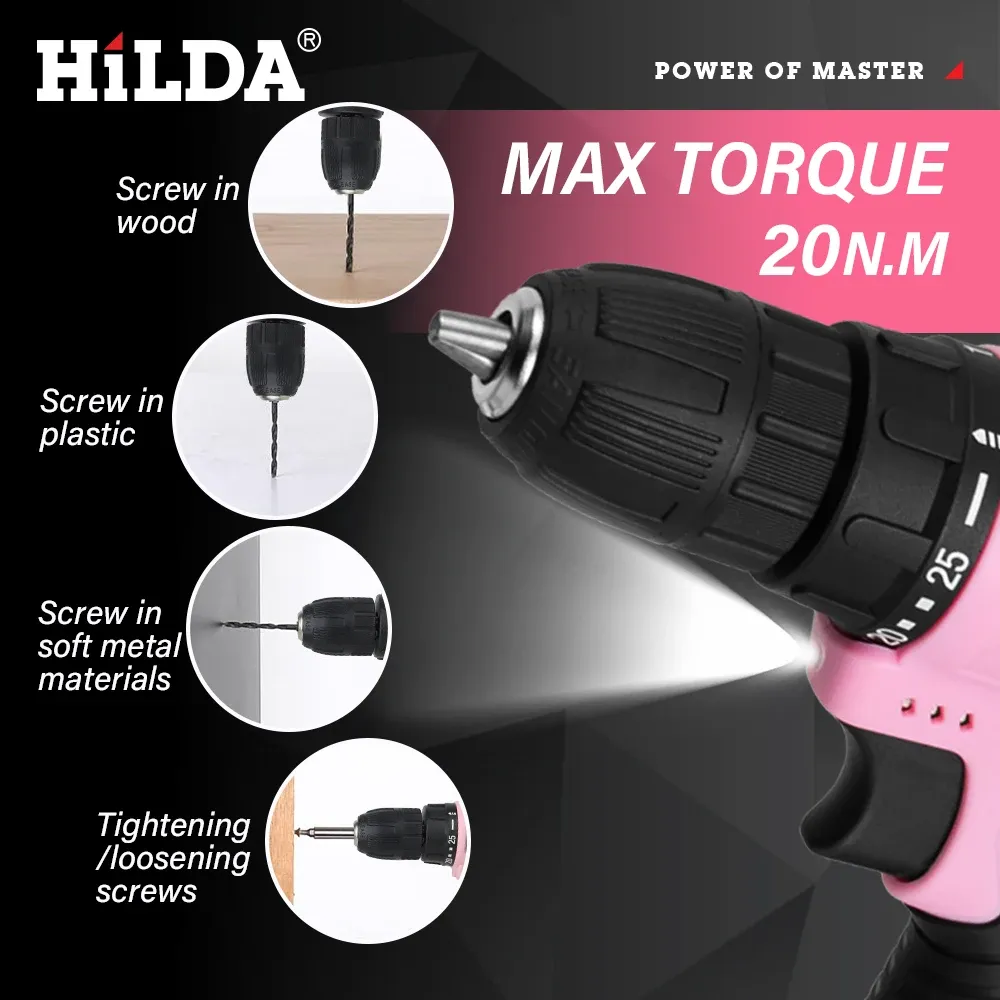 HILDA Pink 12V Cordless Electric Drill - Compact Mini Power Driver with Lithium-Ion Battery, 20N.m Torque, 0-1400rpm Speed, LED Light for Home DIY Projects thumbnail 5