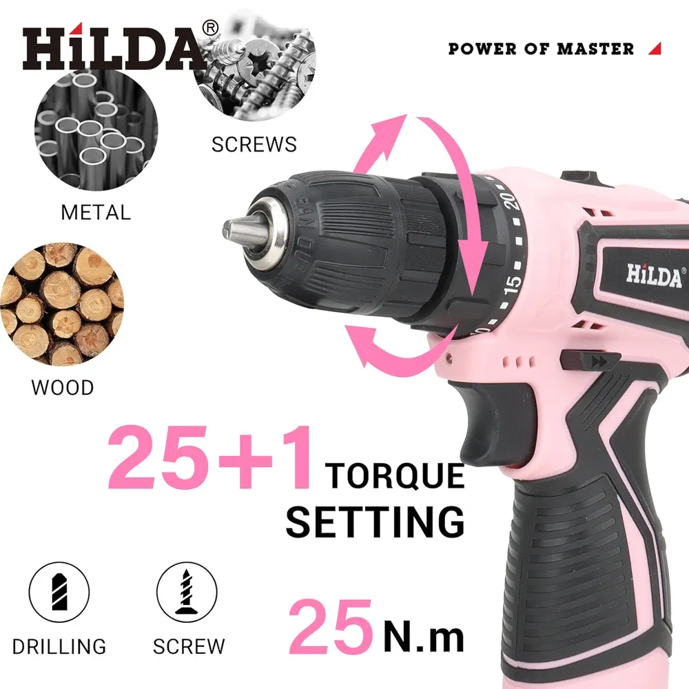 HILDA Pink 12V Cordless Electric Drill - Compact Mini Power Driver with Lithium-Ion Battery, 20N.m Torque, 0-1400rpm Speed, LED Light for Home DIY Projects showcase 6