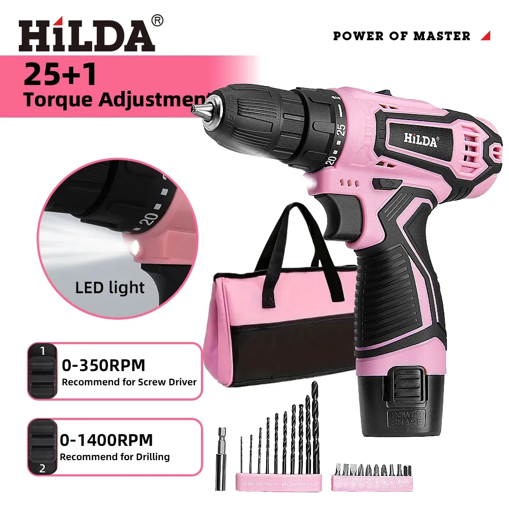 HILDA Pink 12V Cordless Electric Drill - Compact Mini Power Driver with Lithium-Ion Battery, 20N.m Torque, 0-1400rpm Speed, LED Light for Home DIY Projects showcase 3