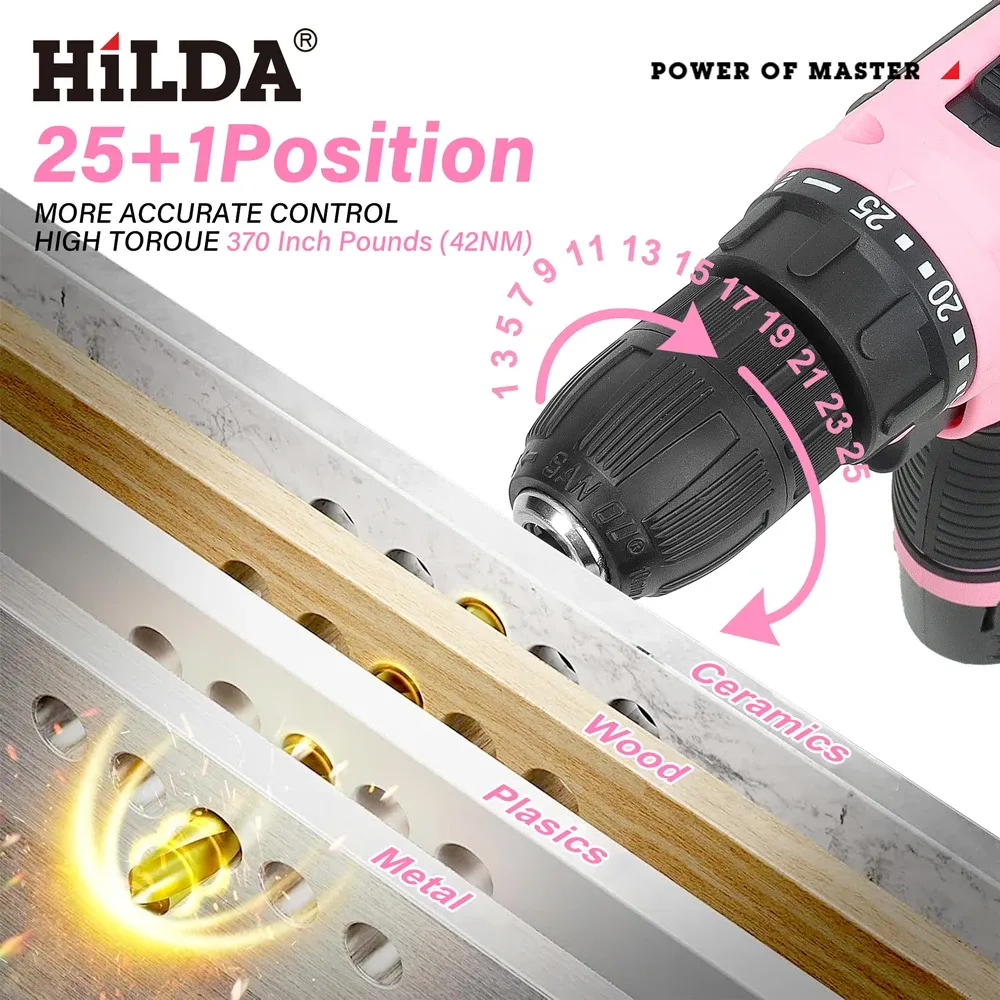 HILDA Pink 12V Cordless Electric Drill - Compact Mini Power Driver with Lithium-Ion Battery, 20N.m Torque, 0-1400rpm Speed, LED Light for Home DIY Projects showcase 5