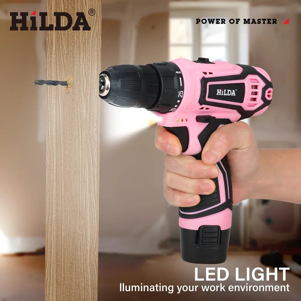 HILDA Pink 12V Cordless Electric Drill - Compact Mini Power Driver with Lithium-Ion Battery, 20N.m Torque, 0-1400rpm Speed, LED Light for Home DIY Projects showcase 1