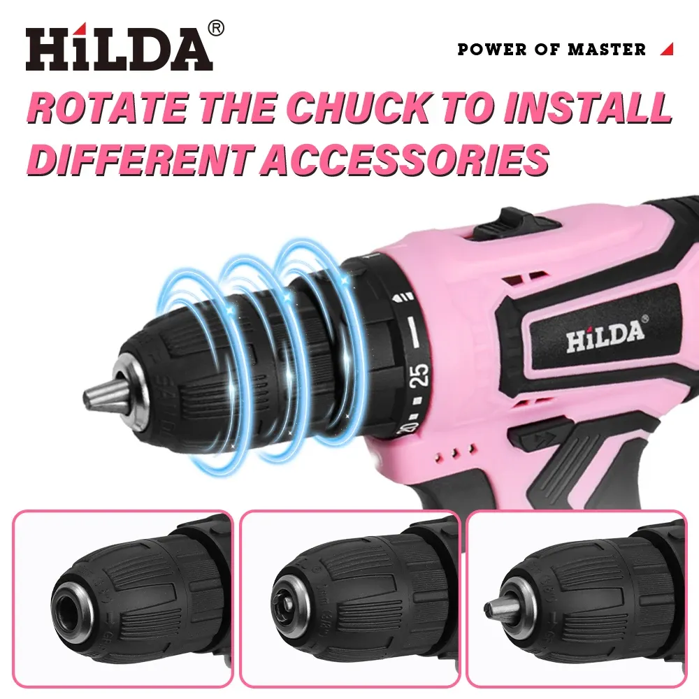 HILDA Pink 12V Cordless Electric Drill - Compact Mini Power Driver with Lithium-Ion Battery, 20N.m Torque, 0-1400rpm Speed, LED Light for Home DIY Projects thumbnail 6