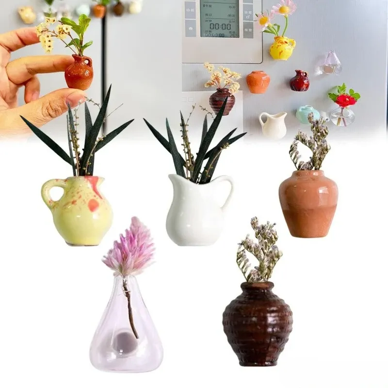 Mini Ceramic Vase Fridge Magnets - Decorative Micro Landscape Ornament for Flowers, Earthenware Material, Irregular Shape, Artistic Home Decor thumbnail 1
