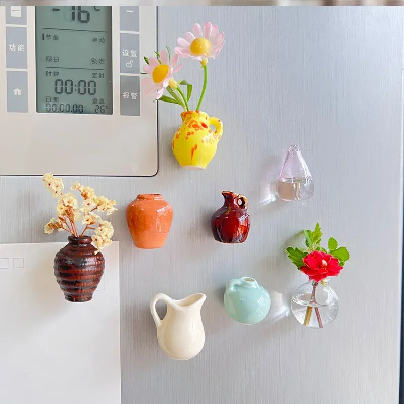 Mini Ceramic Vase Fridge Magnets - Decorative Micro Landscape Ornament for Flowers, Earthenware Material, Irregular Shape, Artistic Home Decor showcase 9