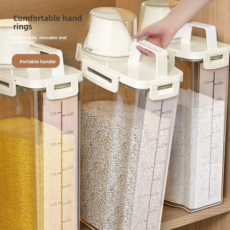1.75L/2.5L/3L Food Grade Rice Storage Container with Lid, Airtight Grain Dispenser with Measuring Cup, Kitchen Food Organizer for Dry Goods, Pest & Moisture Proof thumbnail 1