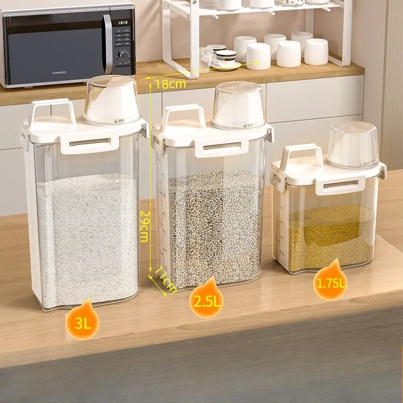 1.75L/2.5L/3L Food Grade Rice Storage Container with Lid, Airtight Grain Dispenser with Measuring Cup, Kitchen Food Organizer for Dry Goods, Pest & Moisture Proof thumbnail 6