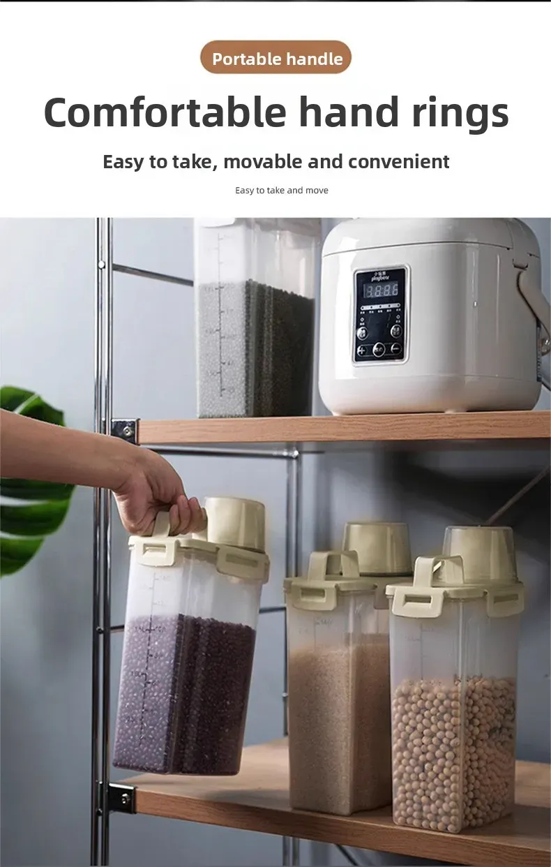 1.75L/2.5L/3L Food Grade Rice Storage Container with Lid, Airtight Grain Dispenser with Measuring Cup, Kitchen Food Organizer for Dry Goods, Pest & Moisture Proof showcase 6