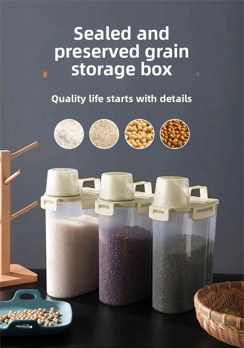 1.75L/2.5L/3L Food Grade Rice Storage Container with Lid, Airtight Grain Dispenser with Measuring Cup, Kitchen Food Organizer for Dry Goods, Pest & Moisture Proof showcase 1